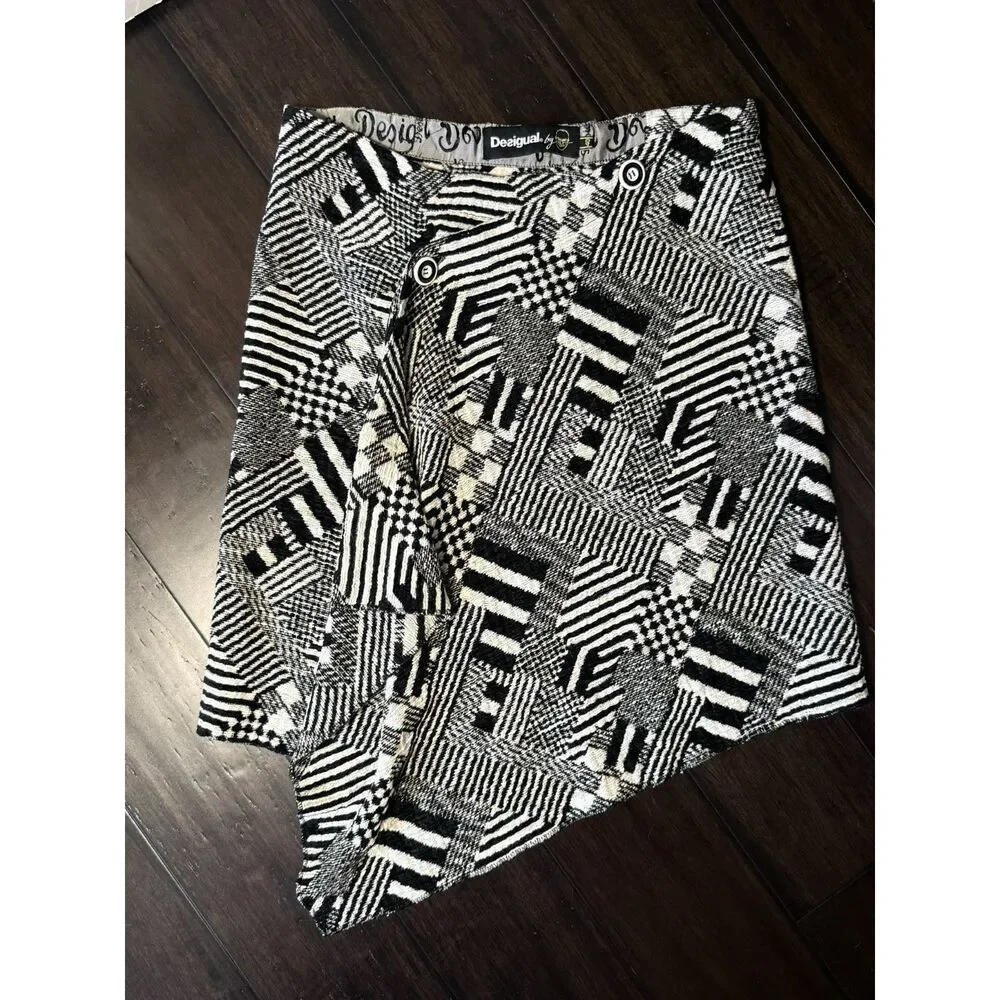 Desigual x Christian Lacroix Geometric Asymmetrical Wrap Skirt Black White